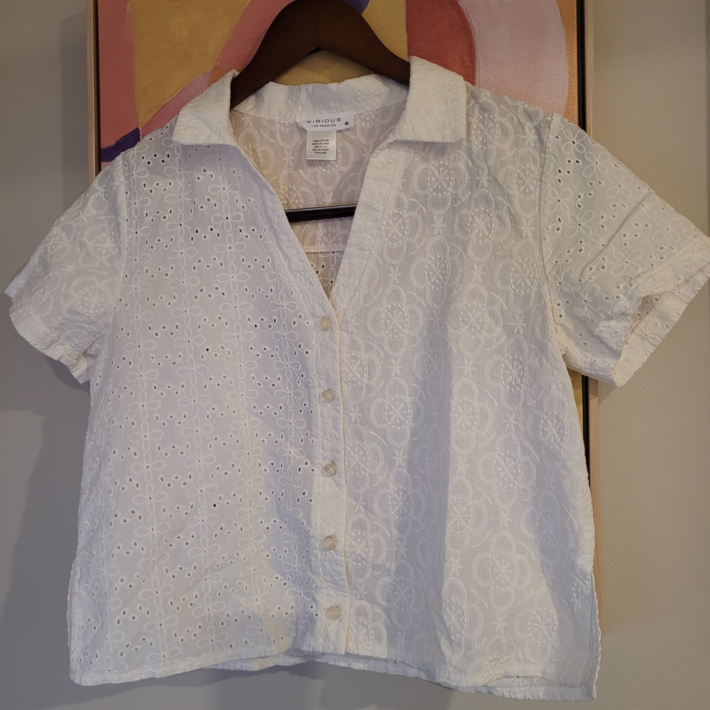 Spring Women's White Eyelet Button-Up Top